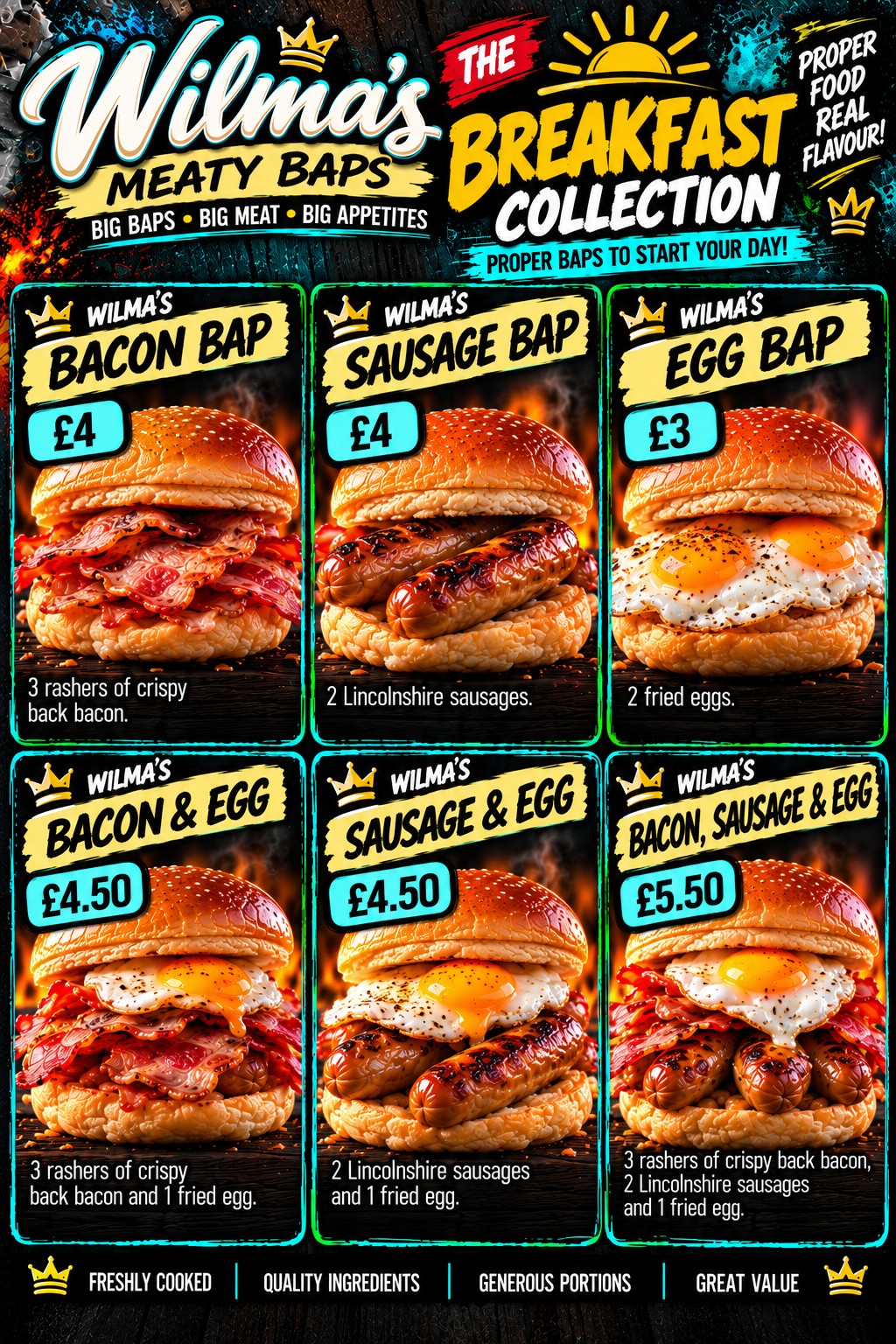 Wilma's approved Breakfast Baps menu
