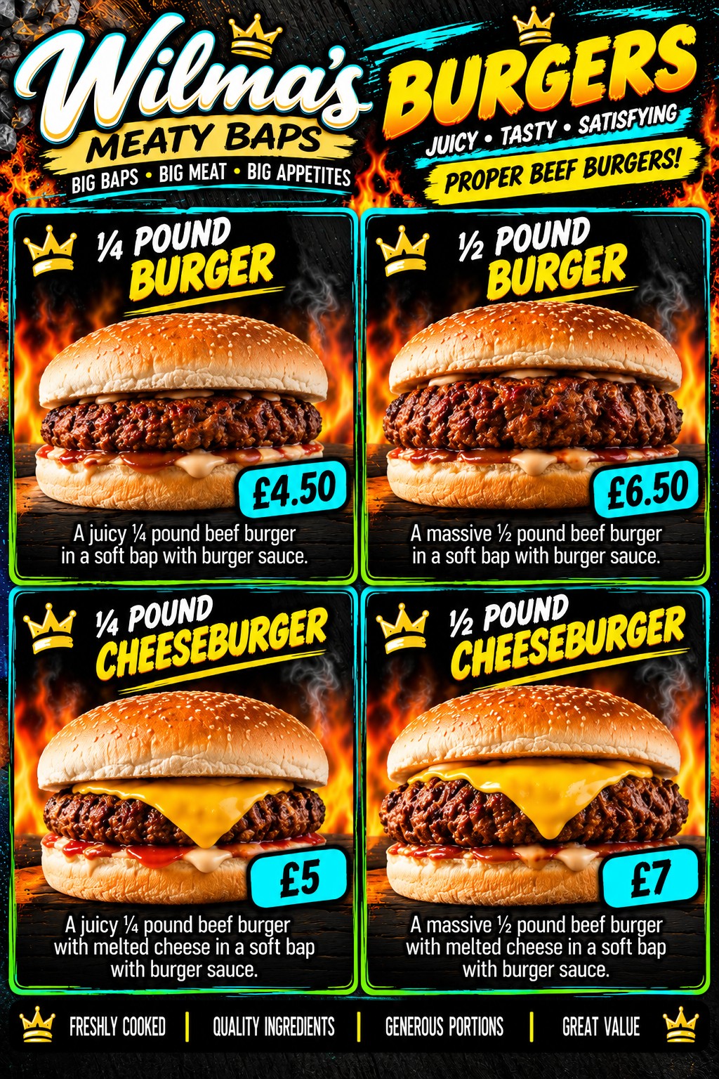 Wilma's approved Burgers menu