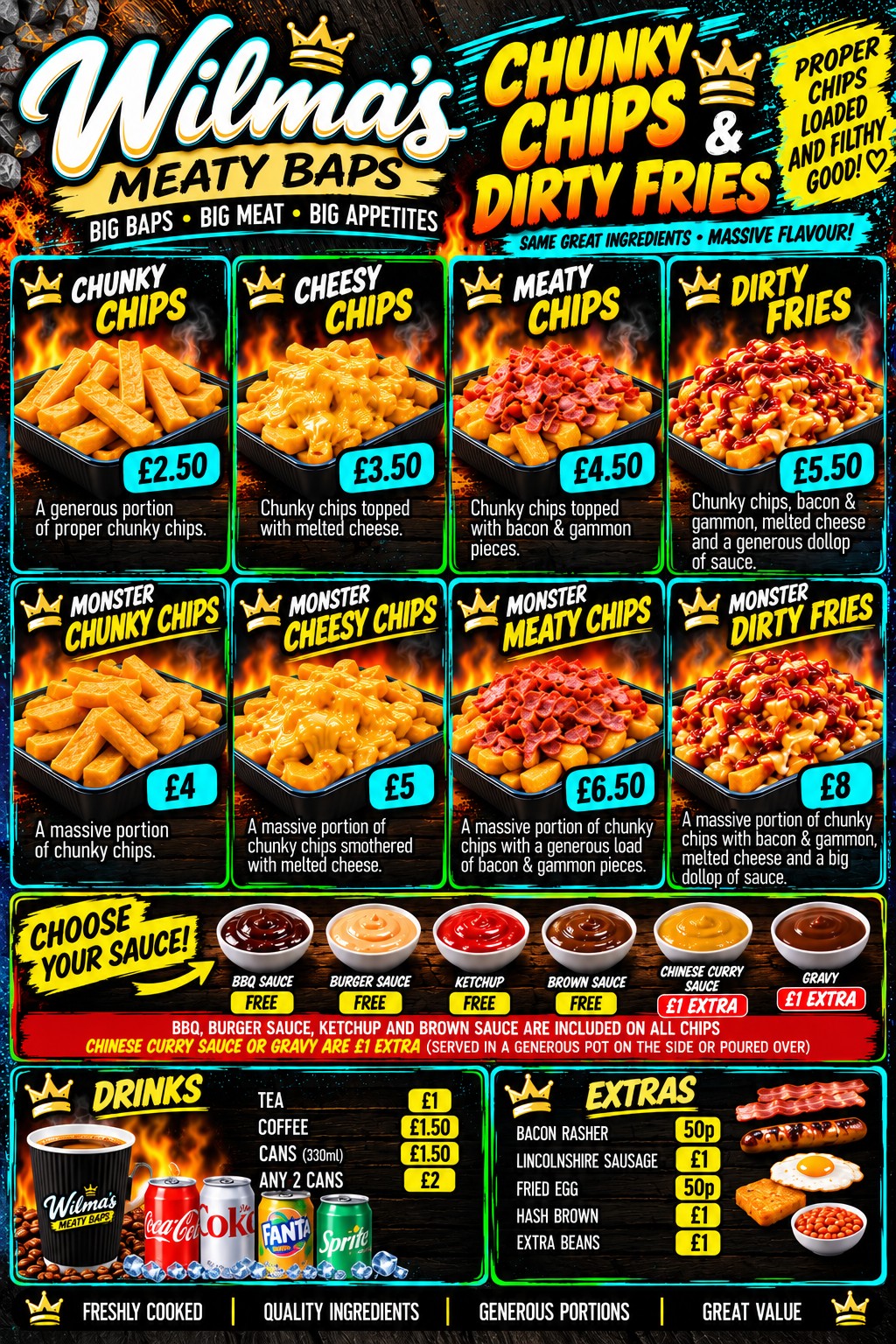 Wilma's Chunky Chips and Dirty Fries menu, coming soon