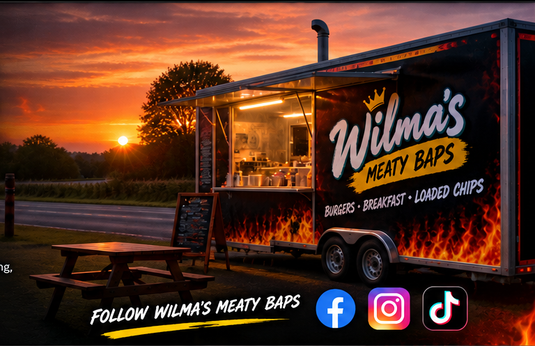 Wilma's Meaty Baps cinematic food trailer at sunset