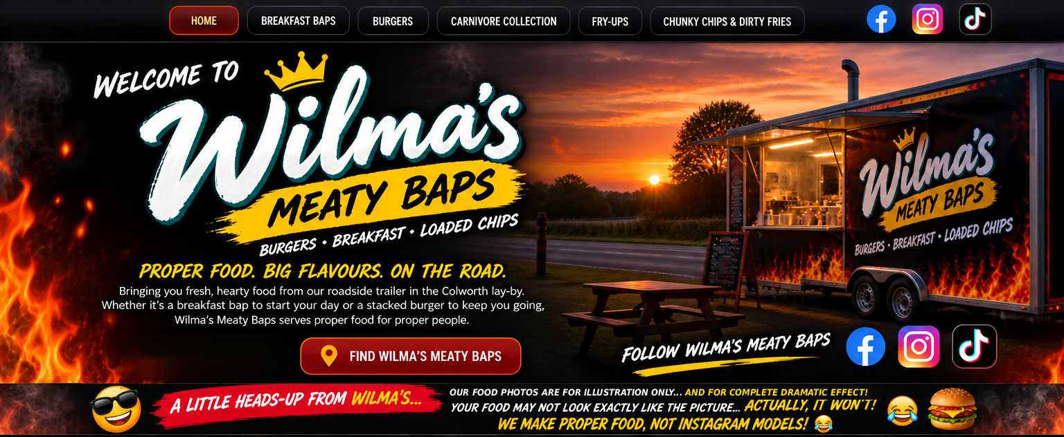 Wilma's Meaty Baps cinematic website design, including original branded logo, food trailer and food-photo disclaimer